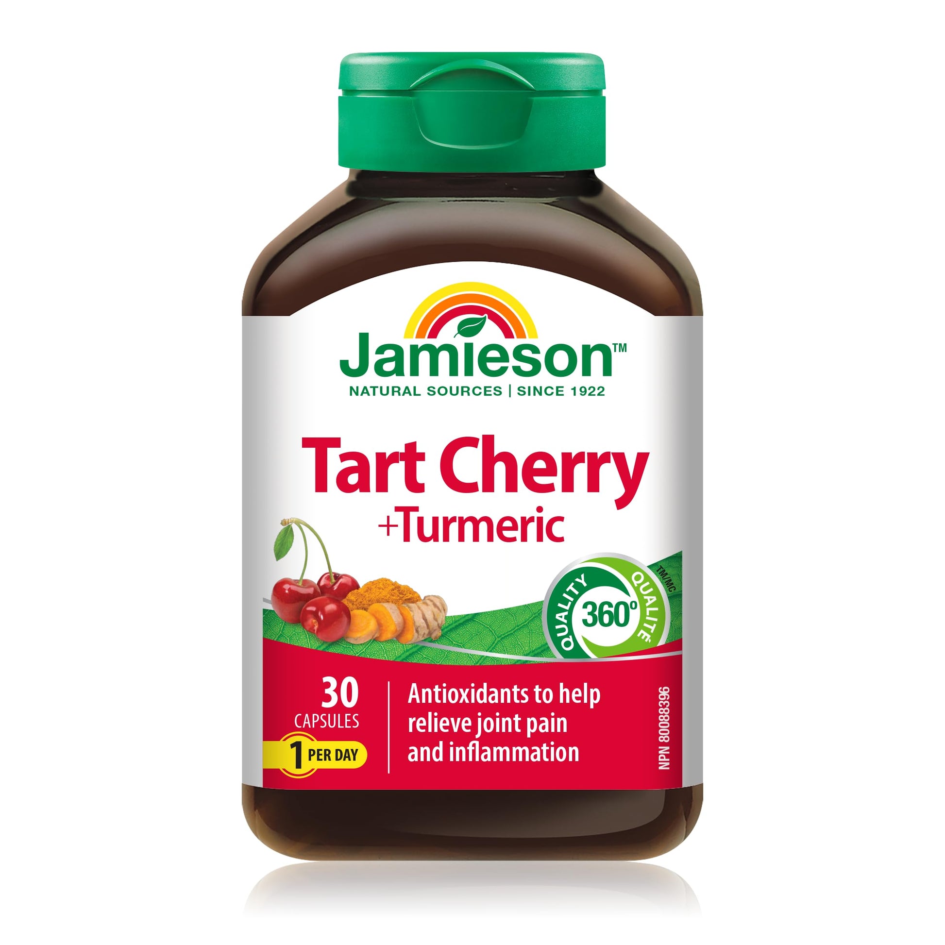 Jamieson Turmeric 100 mg with Tart Cherry 500 mg, Provides Natural Joint Pain Relief, Supports Inflammation, and Helps with Digestion. Non-GMO, 30 Vegetarian Capsules, Proudly Canadian - Available at All In One Marketplace Canada