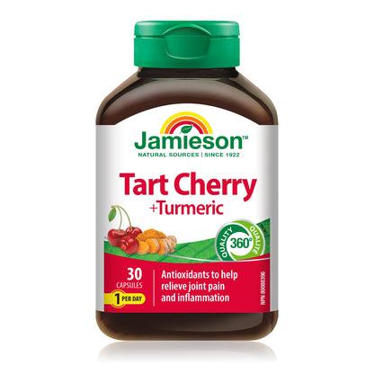Jamieson Turmeric 100 mg with Tart Cherry 500 mg, Provides Natural Joint Pain Relief, Supports Inflammation, and Helps with Digestion. Non-GMO, 30 Vegetarian Capsules, Proudly Canadian - Available at All In One Marketplace Canada