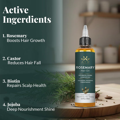 AVD Organics Rosemary Oil for Hair Growth | Infused with Biotin | Hair Strengthening, Nourishing and Volumizing | infused with Jojoba & Castor Oil | NON - GMO 120ml