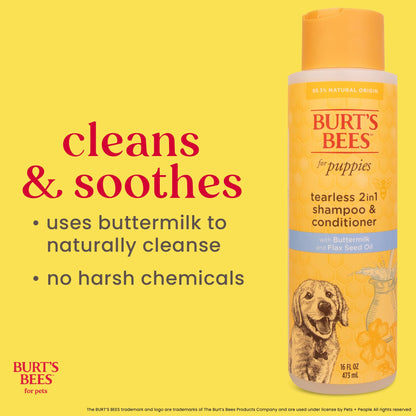 Burt's Bees for Puppies Natural Tearless 2 in 1 Shampoo and Conditioner | Made with Buttermilk and Linseed Oil | Best Tearless Puppy Shampoo for Gentle Skin and Coat | Made in USA, 16 Oz