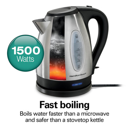 Hamilton Beach Electric Tea Kettle, Water Boiler & Heater, 1.7 Liter, Cordless Serving, 1500 Watts for Fast Boiling, Auto-Shutoff and Boil-Dry Protection, Stainless Steel (40880C)