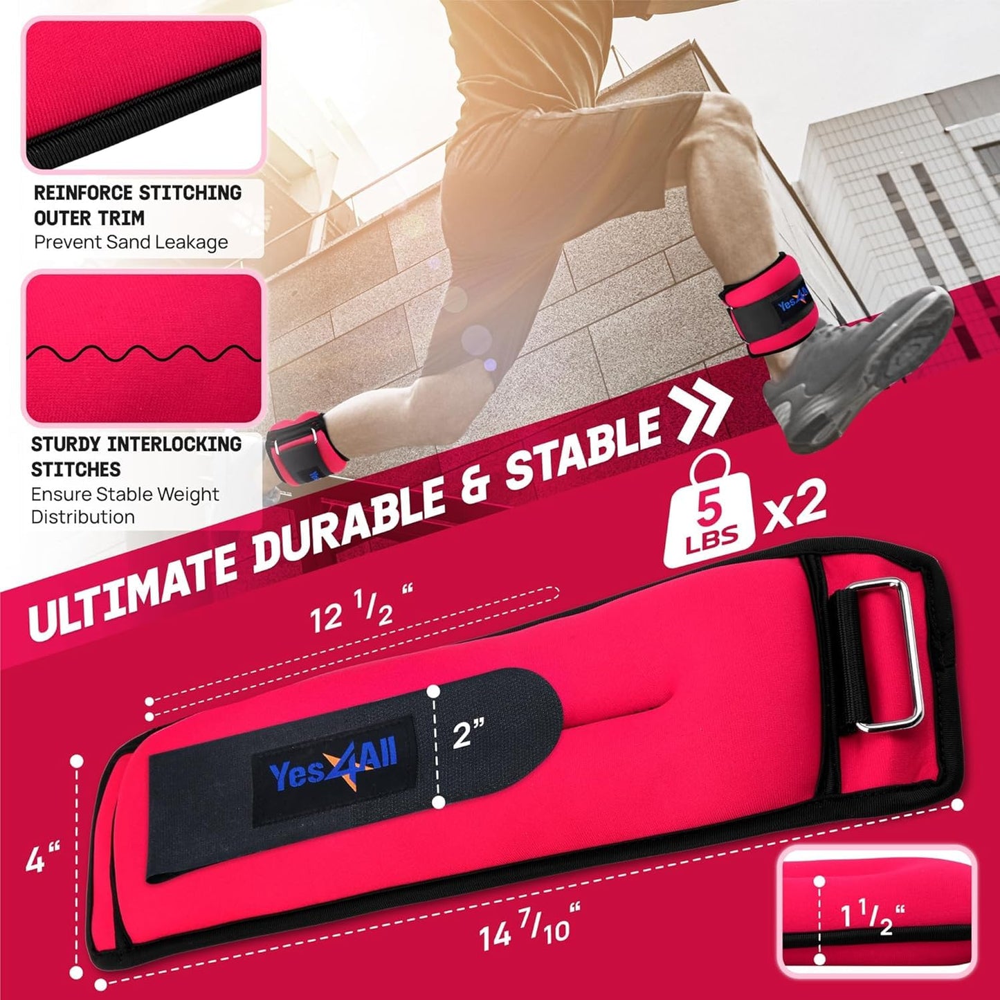 Yes4All Set of 2 Ankle/Wrist Weight Neoprene – Comfort Fit with Adjustable Strap - Ideal for Walking, Fitness, Cardio Exercise (5 lbs, Red) 🍁 All In One Marketplace Canada