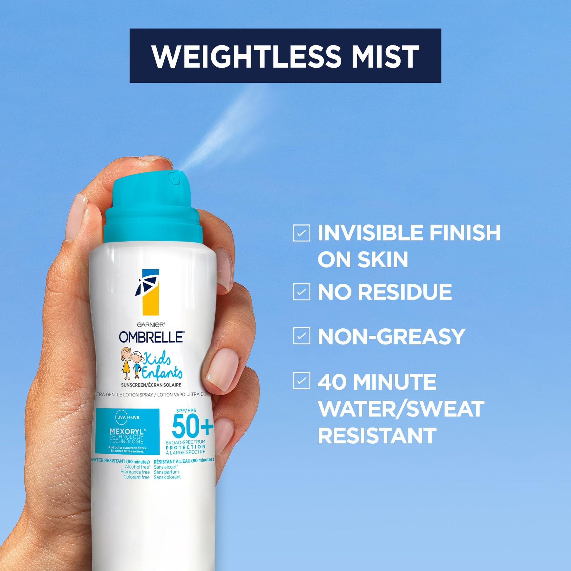 Garnier Ombrelle Kids Sunscreen Spray, SPF 50+, High Protection, Body Mist, Formulated for Sensitive Skin, Water-Resistant, Broad Spectrum UVA/UVB Protection, Non-comedogenic, 122g Garnier