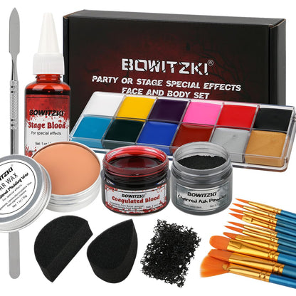 Bowitzki Halloween Makeup Kit Oil Based Face Body Paint Cream Makeup SFX Painting Clear Fake Stage Blood Brush Sponges Painting Special Effects FX Zombie Vampire Monster Scar Wound Christmas Party 🍁 All In One Marketplace Canada