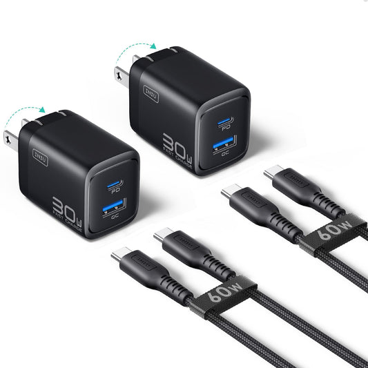 INIU for iPhone 17 16 Charger, 30W GaN Tech USB C Charger Fast Charging, 2-Pack Foldable USB C Charging Block with Cable for iPhone 17 16 Pro Max, MacBook Air 13 M4, Samsung S25 S24, iPad 11 Air