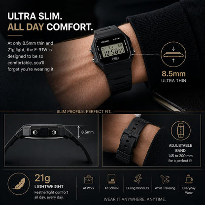 Casio F-91WB Series | Men's Digital Watch | Environmentally Friendly Bio-Based Resin | Alarm | Date Indicator | 7-Year Battery, Black