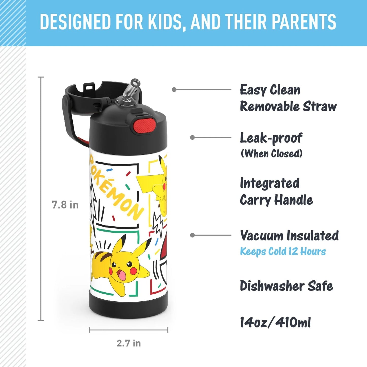 THERMOS FUNTAINER Water Bottle with Straw, 14oz, Pokemon