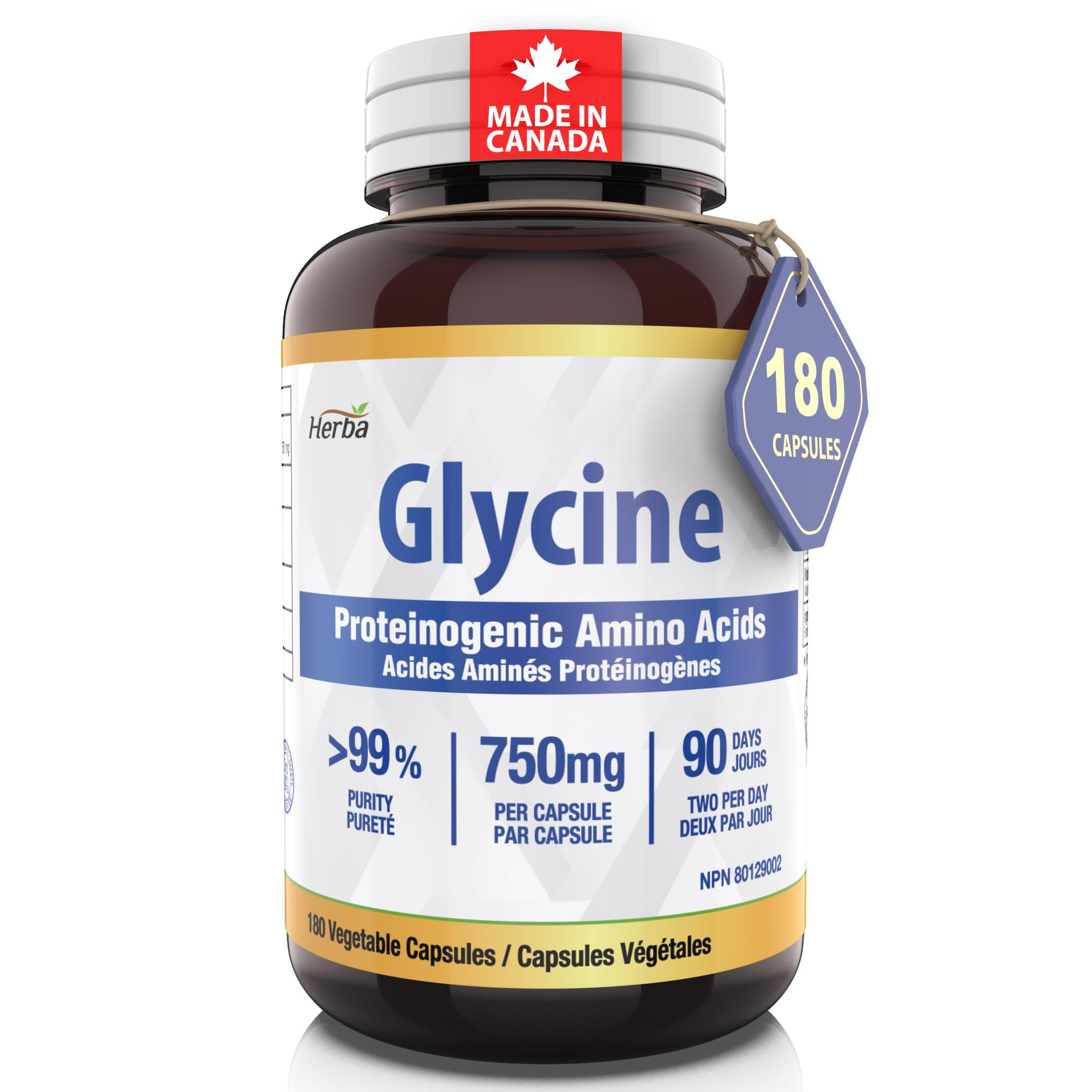 Herba Glycine Supplement 750mg - 180 Capsules | >99% Ultra Pure Glycine Capsules | Free-form Proteinogenic Amino Acids Supplements | Made in Canada - Available at All In One Marketplace Canada