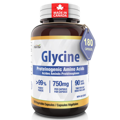 Herba Glycine Supplement 750mg - 180 Capsules | >99% Ultra Pure Glycine Capsules | Free-form Proteinogenic Amino Acids Supplements | Made in Canada - Available at All In One Marketplace Canada