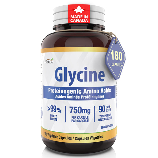 Herba Glycine Supplement 750mg - 180 Capsules | >99% Ultra Pure Glycine Capsules | Free-form Proteinogenic Amino Acids Supplements | Made in Canada - Available at All In One Marketplace Canada