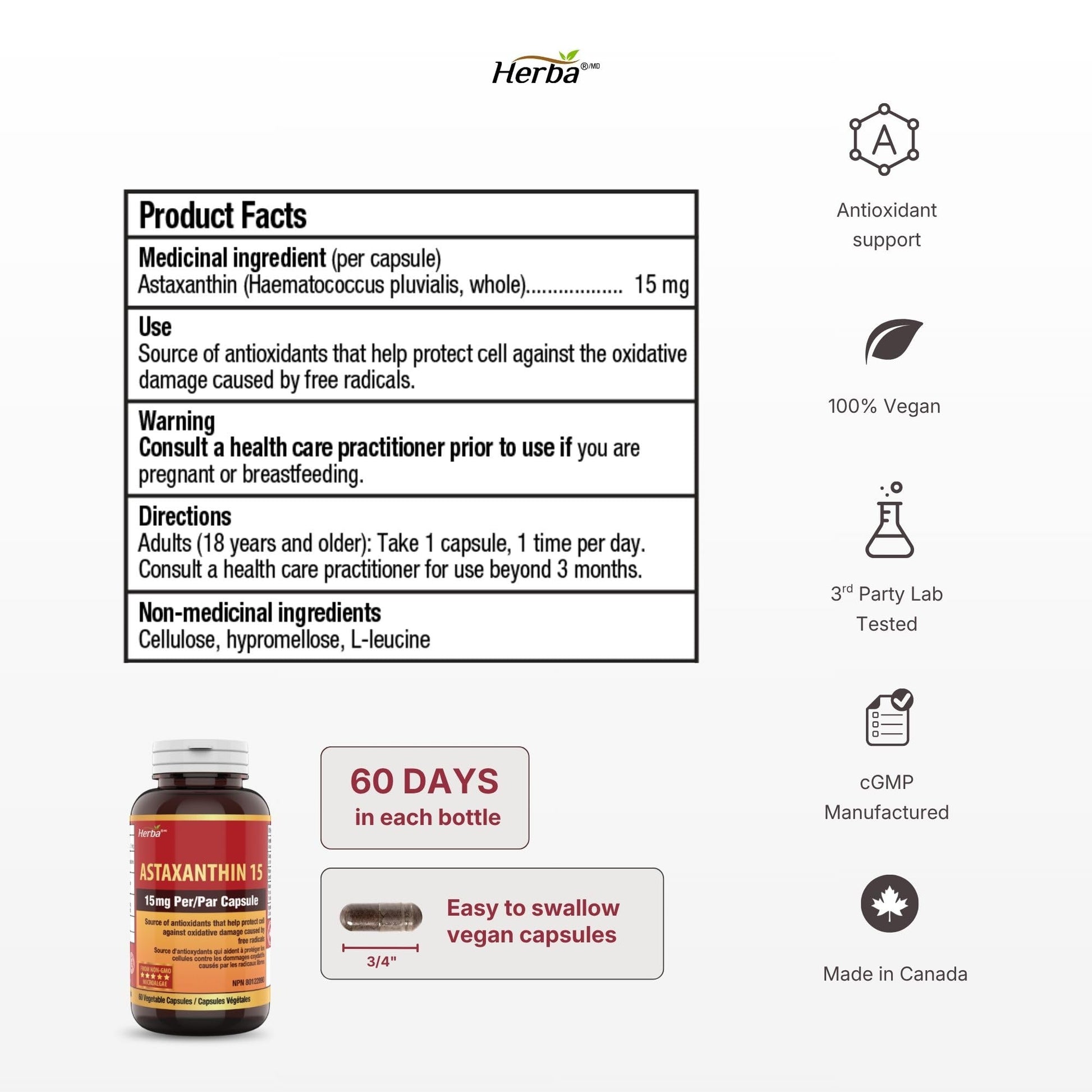 Herba Astaxanthin Supplement 15mg – 60 Vegan Capsules | Made with Non-GMO Micro-algae | Source of Antioxidant | Made and Third Party Tested in Canada - Available at All In One Marketplace Canada