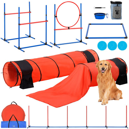 VEVOR Dog Agility Training Equipment, 7 PCS Set Upgrade w/Adjustable High Hurdles,6 Weave Poles,2 Tunnels,Jump Ring,Pause Box, Whistle,Foldable Bowl,Puppy Obstacle Course Kit w/ 3 Bags VEVOR