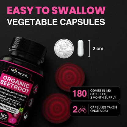 *BONUS SIZE* 180 Capsules of High Potency Organic Beetroot Capsules | 1,400mg per serving (700mg per capsule x2) Canadian Made Beet Root Powder | Antioxidant Support | Support Active Energy Lifestyle | A Natural Super Food | Quality Assured - Available at All In One Marketplace Canada