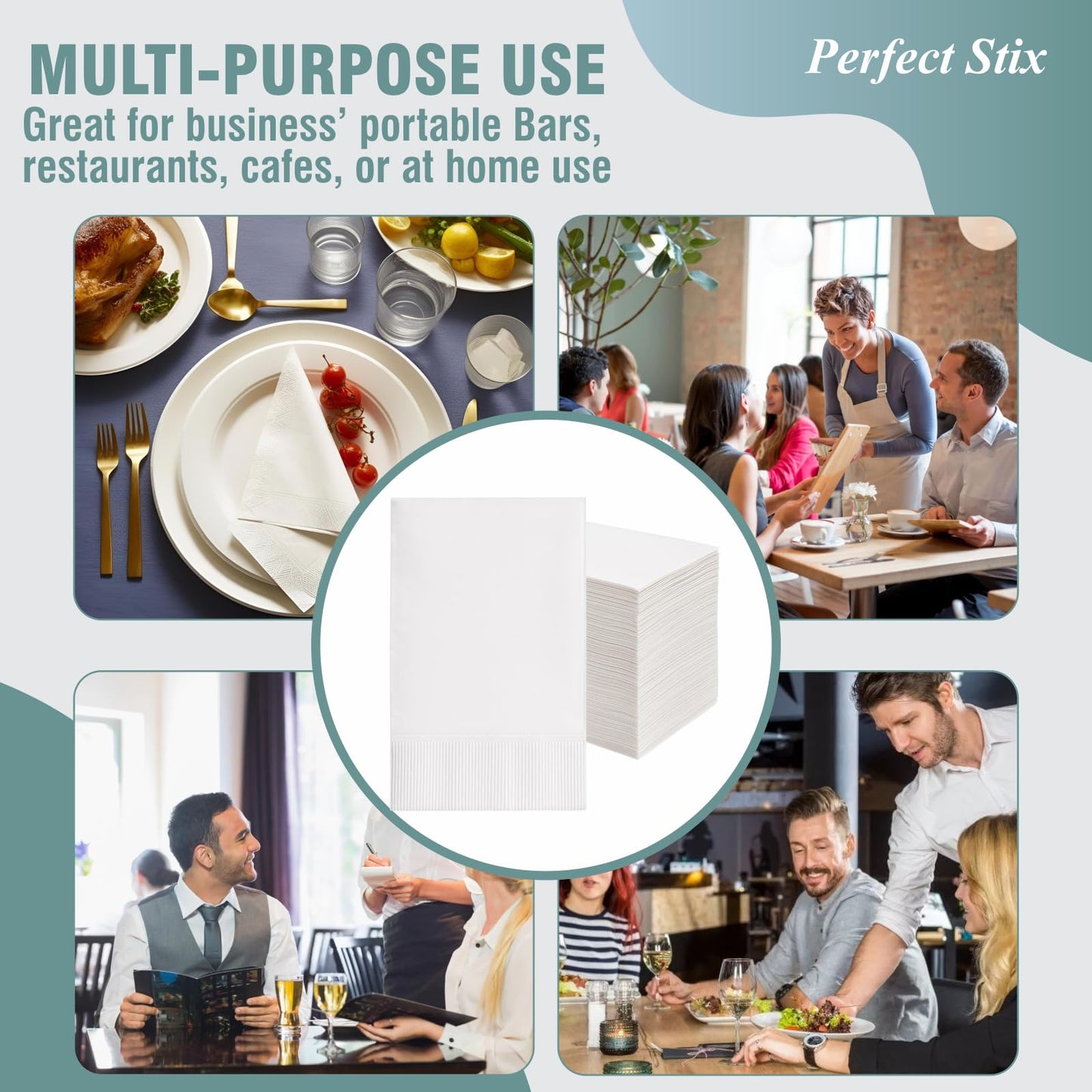 Perfect Stix White Dinner Napkin-300 2-Ply White Dinner Napkins, 0.1" Height, 17" width, 15" Length (Pack of 300) Perfect Stix