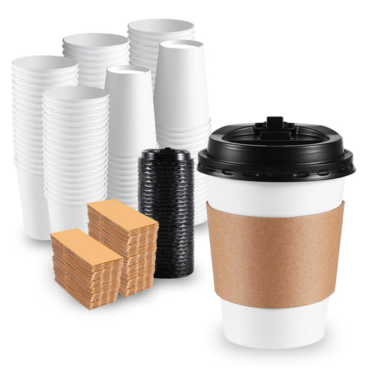 120 Pack Paper Coffee Cups Disposable Paper Party Cups Bulk to Go Hot/Cold Beverage Drinking Cups with Lids, Sleeves, Straws Paper Cups Bundle for Party Travel Home Restaurant Cafe (White, 12 oz) - Available at All In One Marketplace Canada