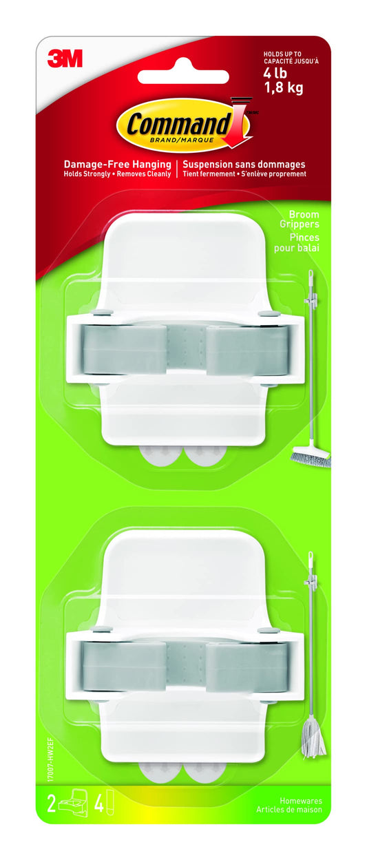 Command Broom and Mop Grippers Wall Hook, Damage Free Hanging Wall Mount Broom and Mop Holder, No Tools Household Cleaning Organizer for Living Spaces, 2 Hangers and 4 Command Strips - Available at All In One Marketplace Canada