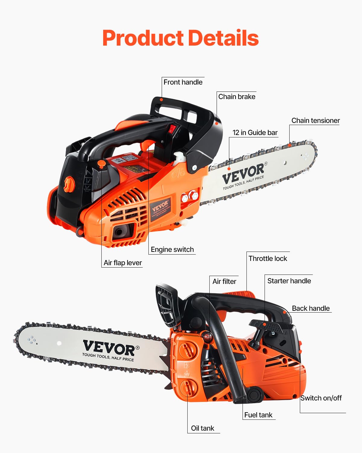 VEVOR Gas Chainsaw, 25.4CC 12" 1.2HP, Gasoline Powered Chain Saw, Handheld Cordless Petrol Chainsaws for Tree Wood Branch Cutting, Tree Trimming, Land Clearing, Farm Garden Ranch Forest Cutting Use 🍁 All In One Marketplace Canada