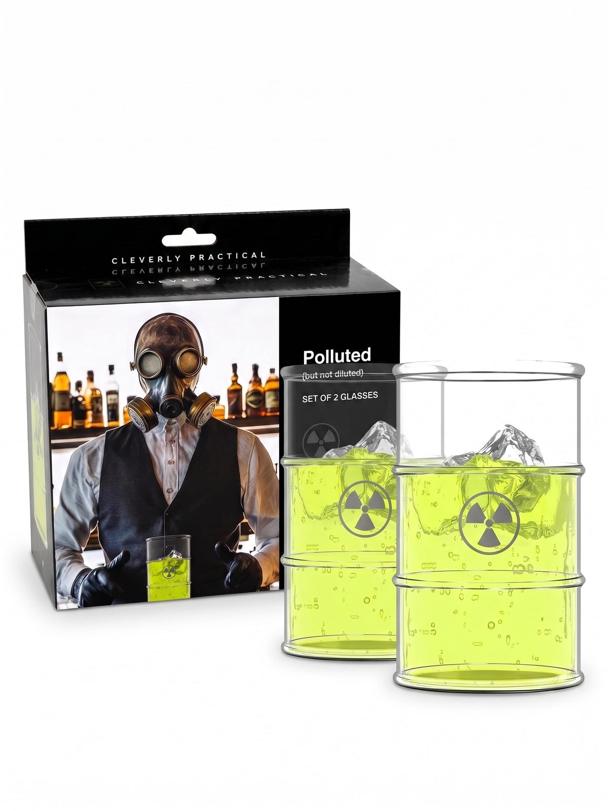 Pund'it Polluted Shatter Resistant Halloween Drink Glasses, Set of 2, 16oz Radioactive Barrel Themed Cocktail and Soda Glasses