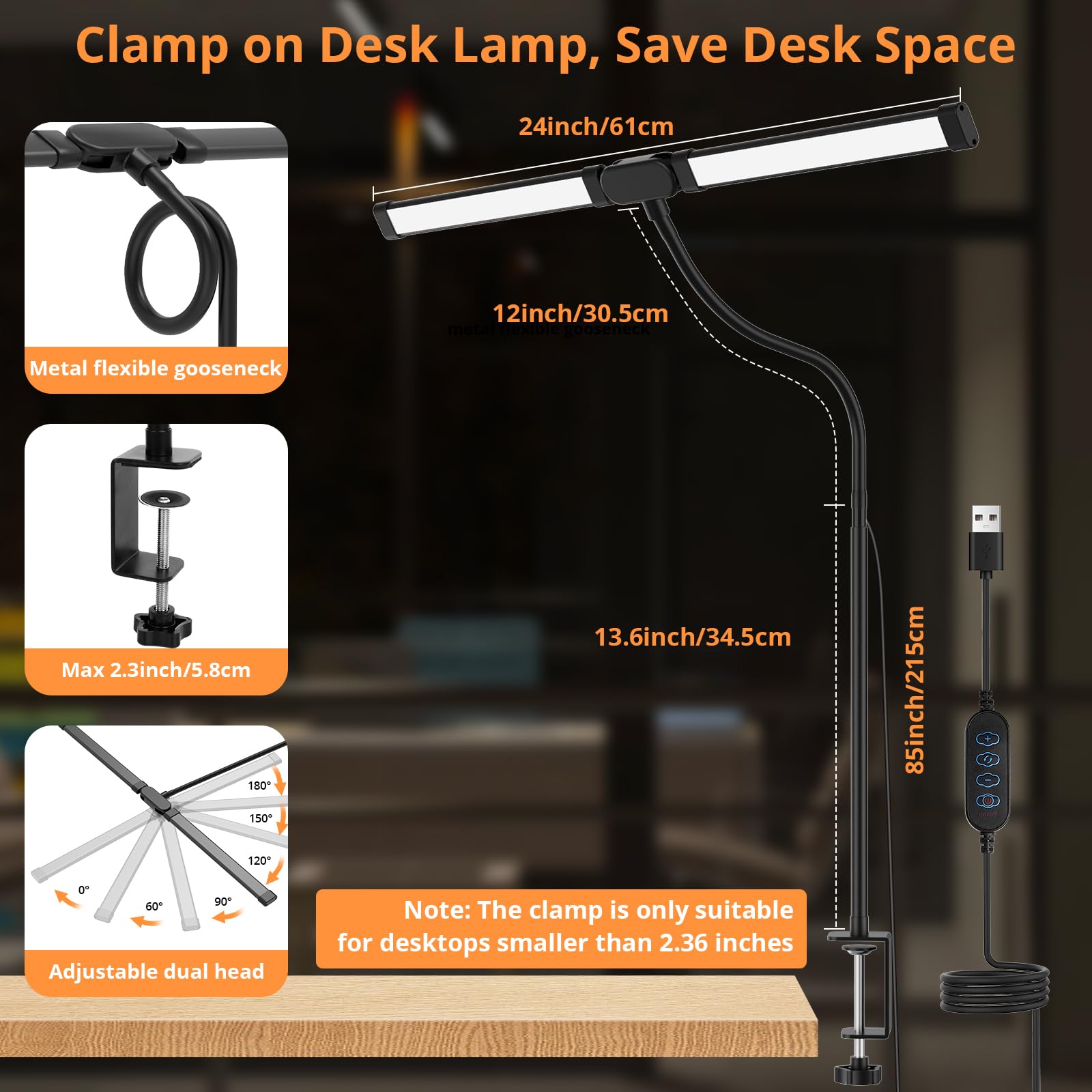 Desk Lamp with Clamp, Eye-Caring Desk Light with 50 Lighting Modes, Wide Double Head, Adjustable Architect Light Flexible Neck, Table lamp for Home Office, Computer, Craft(Includes Adapter) - Available at All In One Marketplace Canada