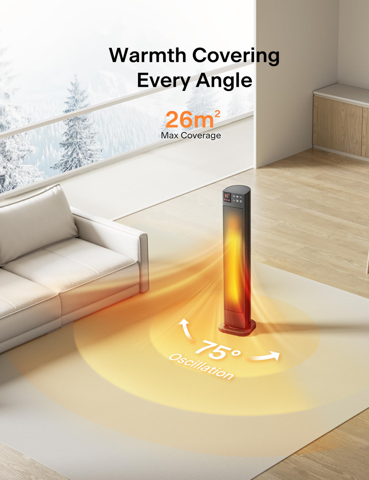 PELONIS 30” Ceramic Tower Space Heater for Bedroom, Electric Room Heater with Adjustable Thermostat, 75° Oscillation, Remote Control & 12H Timer, Tip-Over Switch & Overheating Protection, 1500W, Black