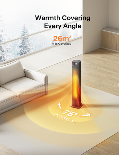 PELONIS 30” Ceramic Tower Space Heater for Bedroom, Electric Room Heater with Adjustable Thermostat, 75° Oscillation, Remote Control & 12H Timer, Tip-Over Switch & Overheating Protection, 1500W, Black