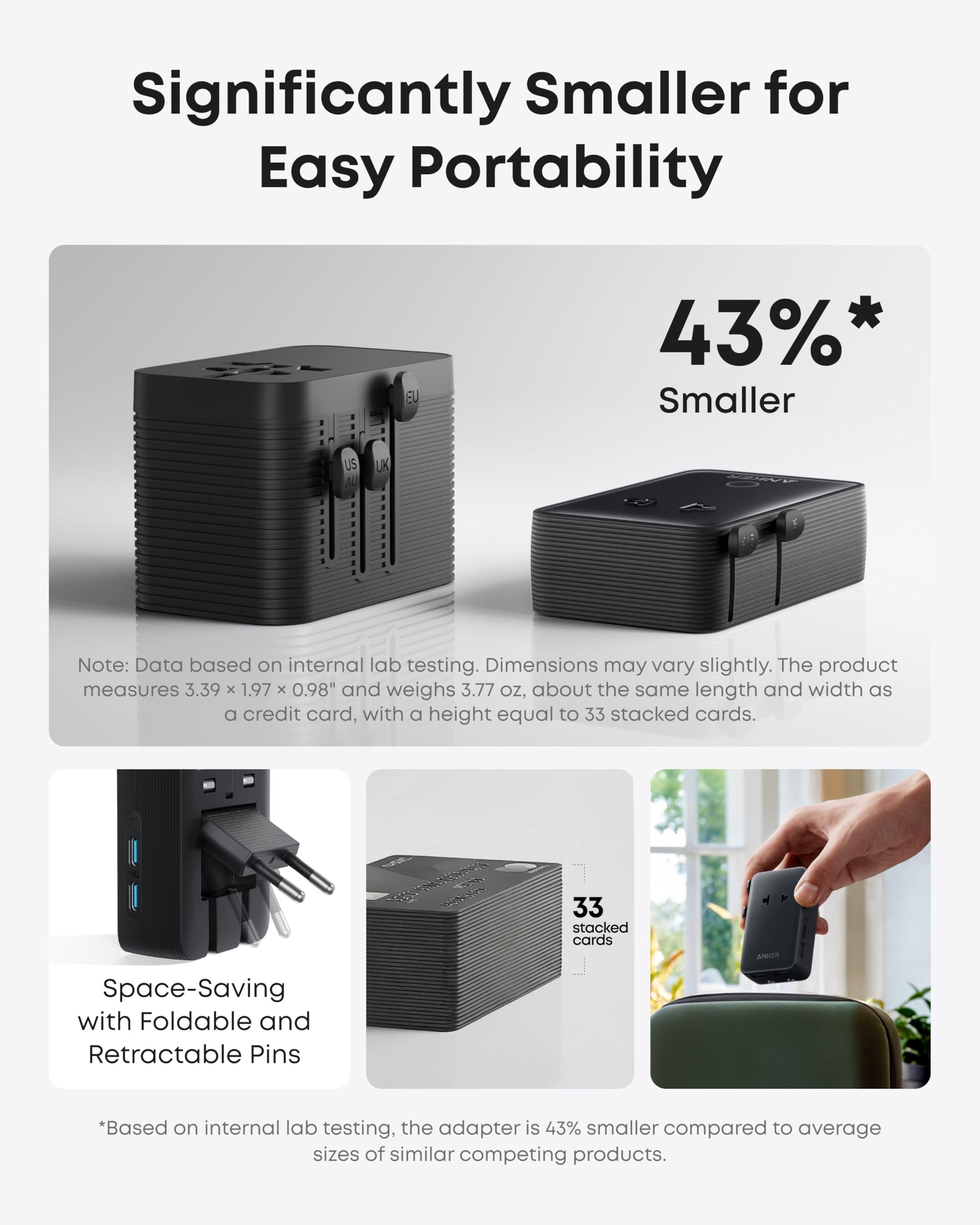 Anker Nano European Travel Plug Adapter, 5-Port Fordable Travel Adapter with 1AC 2USB-A 2USB-C Ports,Temperature Control, Essentials for Over 200 Countries, Ideal for Travel (1-Pack) (Black)