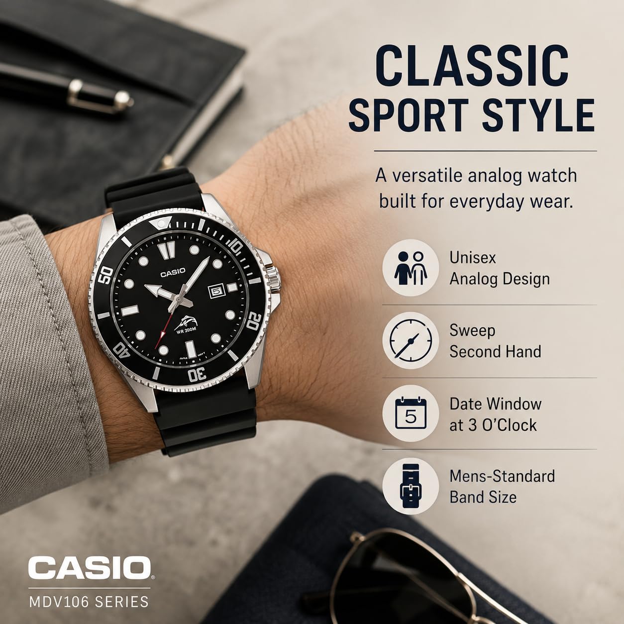 Casio Men’s MDV106-1AV 200M Duro Analog Watch, Black Casio