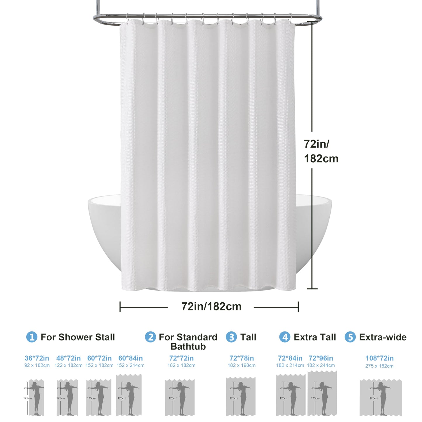 Waffle Weave Shower Curtain with Stainless Steel Hooks - 256 GSM Heavy Duty Fabric Bath Curtains, Hotel Luxury Quality, Water Resistant, Machine Washable, Weighted Hem, 72 x 72 Inches (White)