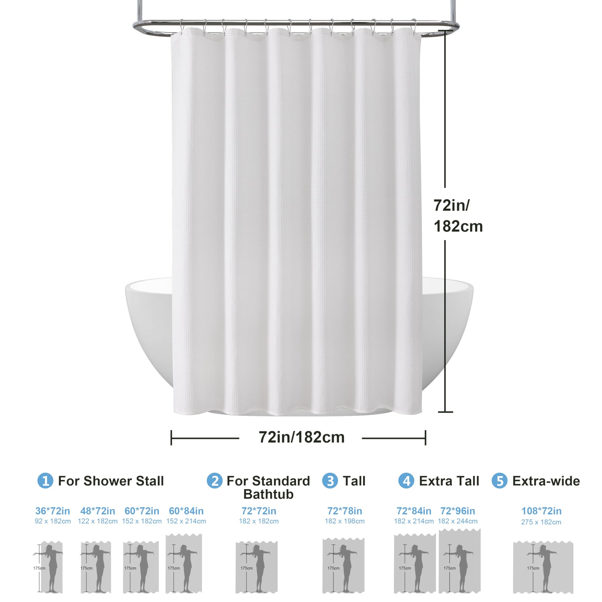 Waffle Weave Shower Curtain with Stainless Steel Hooks - 256 GSM Heavy Duty Fabric Bath Curtains, Hotel Luxury Quality, Water Resistant, Machine Washable, Weighted Hem, 72 x 72 Inches (White)