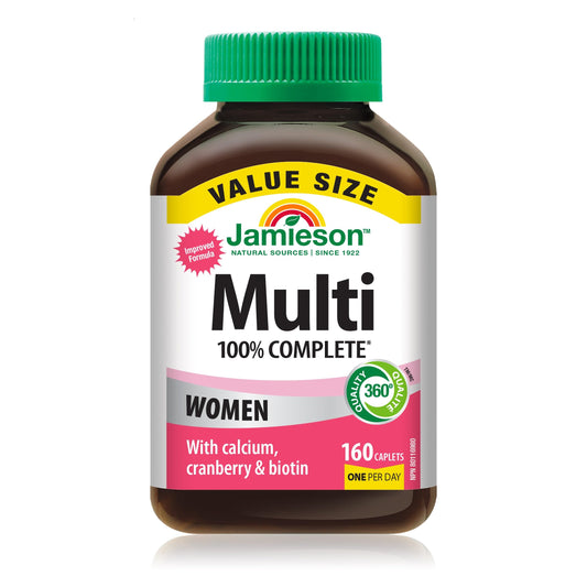 Jamieson 100% Complete Multivitamin for Women, with Cranberry, Biotin and Calcium, Supports Energy, Immunity, Everyday Health, Healthy Skin, and Bone Health, One Per Day, 160 Caplets - Available at All In One Marketplace Canada