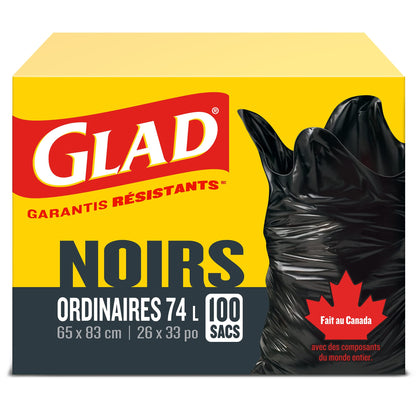 Glad Black Garbage Bags - Regular 74 Litres - Value Pack 100 Trash Bags, Made in Canada of Global Components