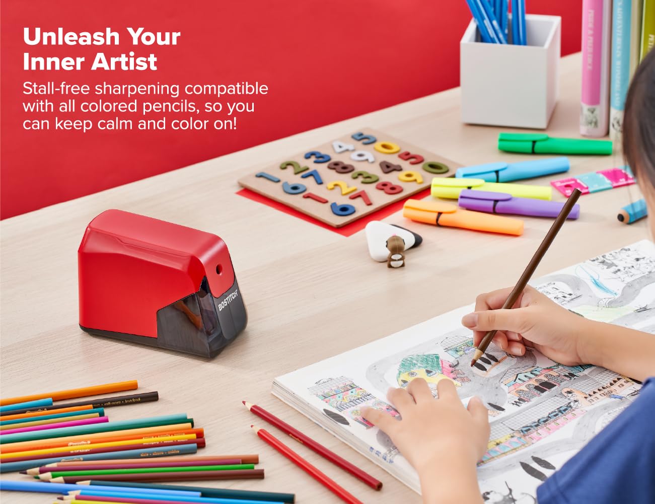 Bostitch Office Battery Pencil Sharpener, 4X Longer Cutter Life, Tip Saver Technology, Red Bostitch