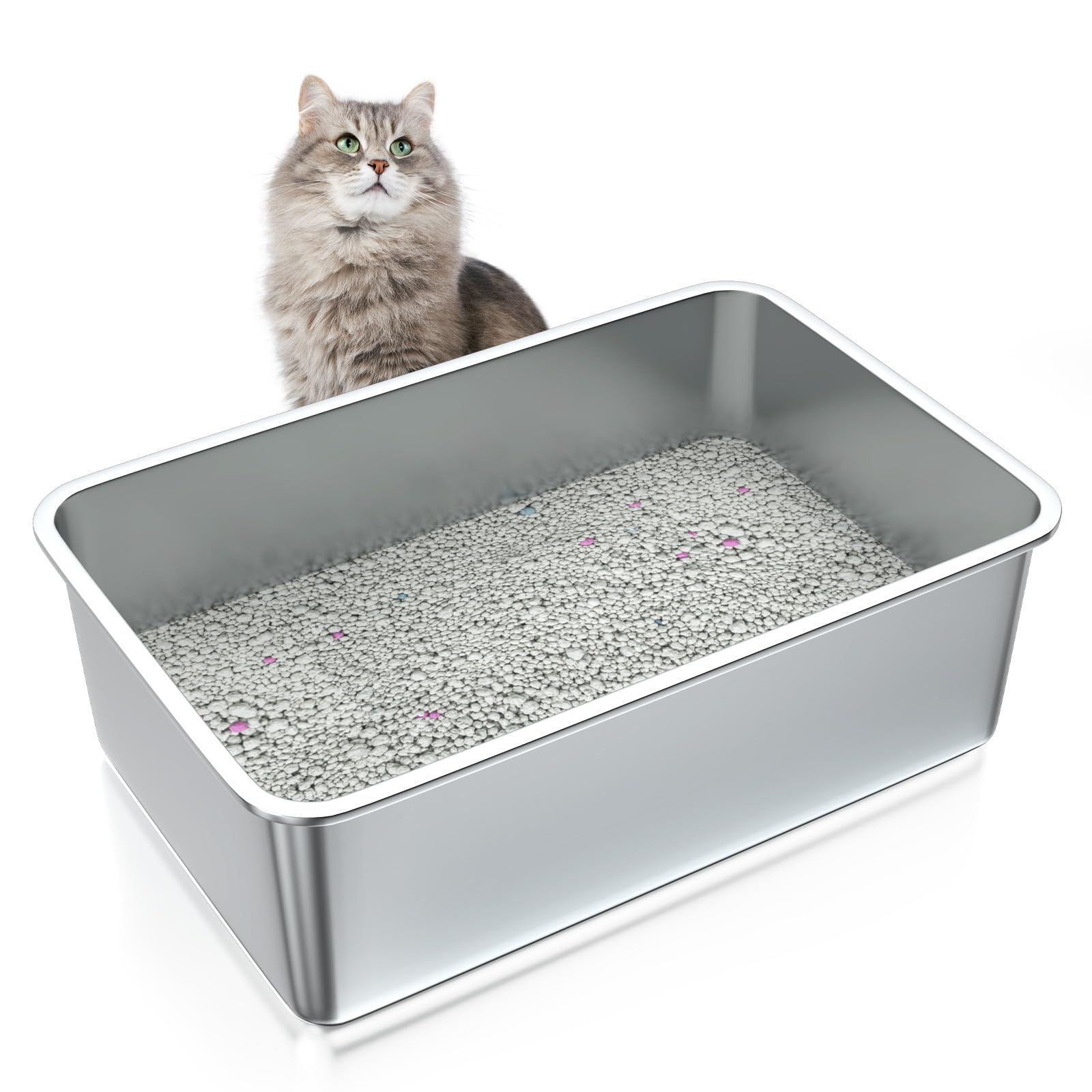 ZuHucpts Stainless Steel Cat Litter Box, Large Metal Litter Pan for Cats (20" Lx14 Wx6 H)