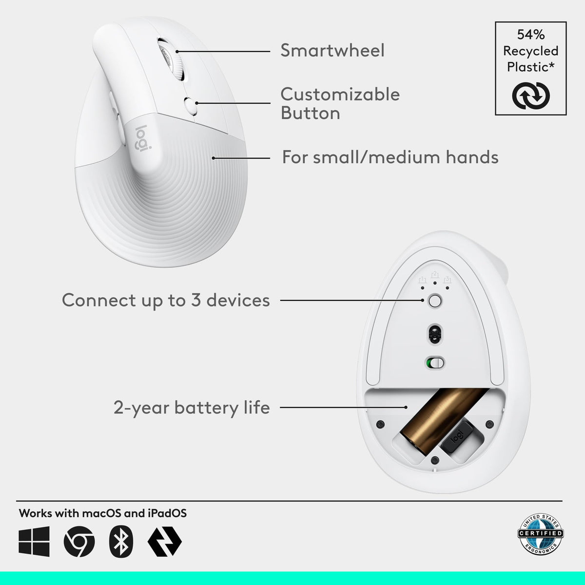 Logitech Lift Vertical Ergonomic Wireless Mouse - Off White