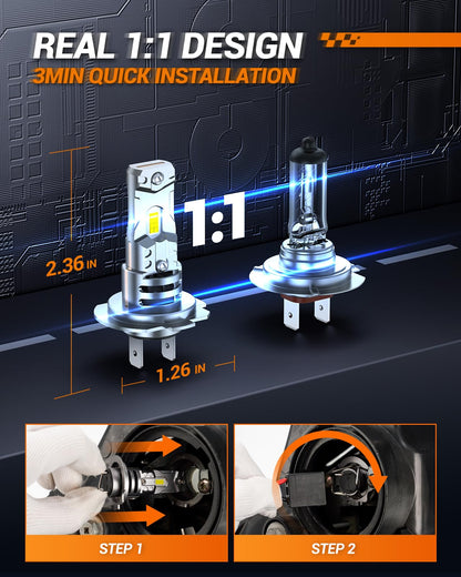 SEALIGHT H7 LED Headlight Bulbs, 60000LM 1000% Super Brighter, 1:1 Mini Size H7 LED Bulbs, 6500K Cool White with Fan, Halogen Replacement, Plug and Play, Pack of 2