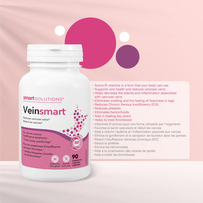 Smart Solutions Veinsmart Vegetarian Capsules, Supports Vein Health and Reduces Varicose Veins, Helps with Swelling and the Feeling Heaviness in the Legs. With 300 mg Diosmin, Gluten-Free, Soy-Free, 90 Count Lorna Vanderhaeghe