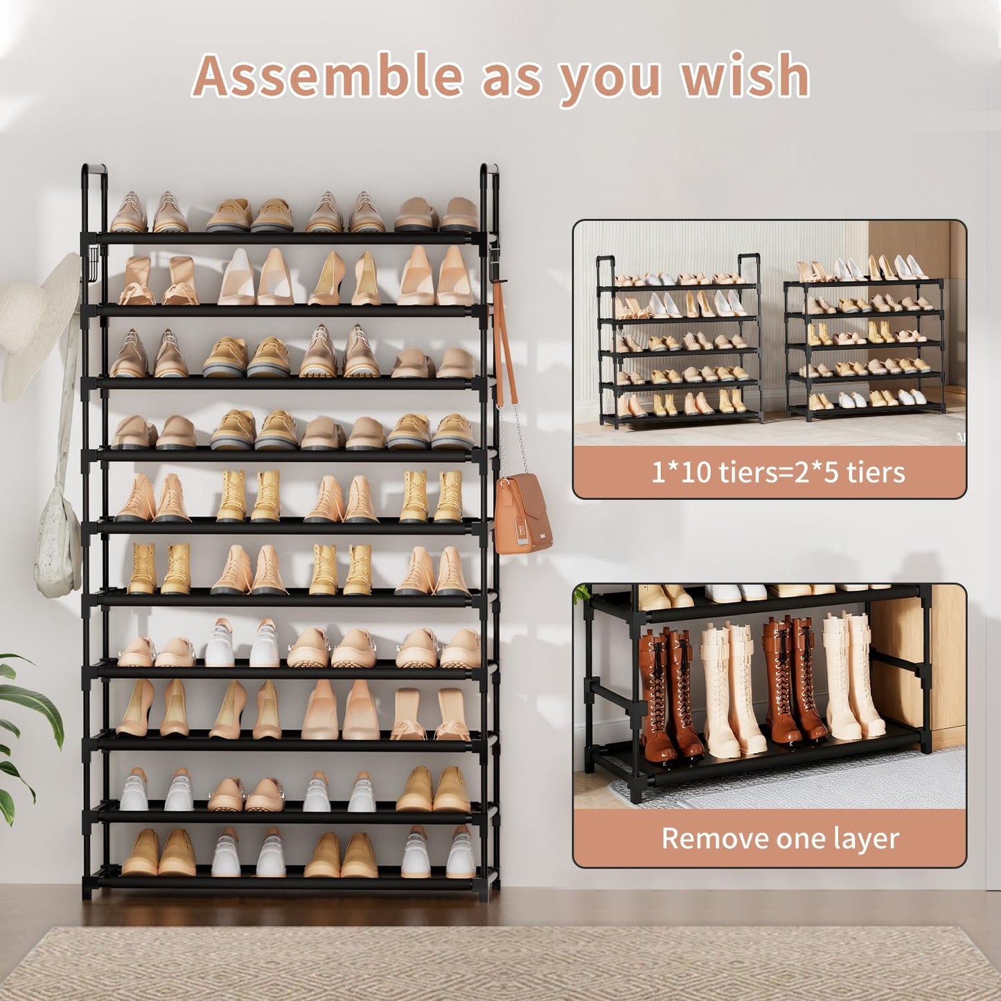 10 Tier Shoe Rack, Large Capacity Tall Shoe Storage Organizer Holds 50-55 Pairs Shoes and Boots, Vertical Shoe Shelf Cabinet with Versatile Hooks for Closet Entryway Garage Bedroom - Available at All In One Marketplace Canada