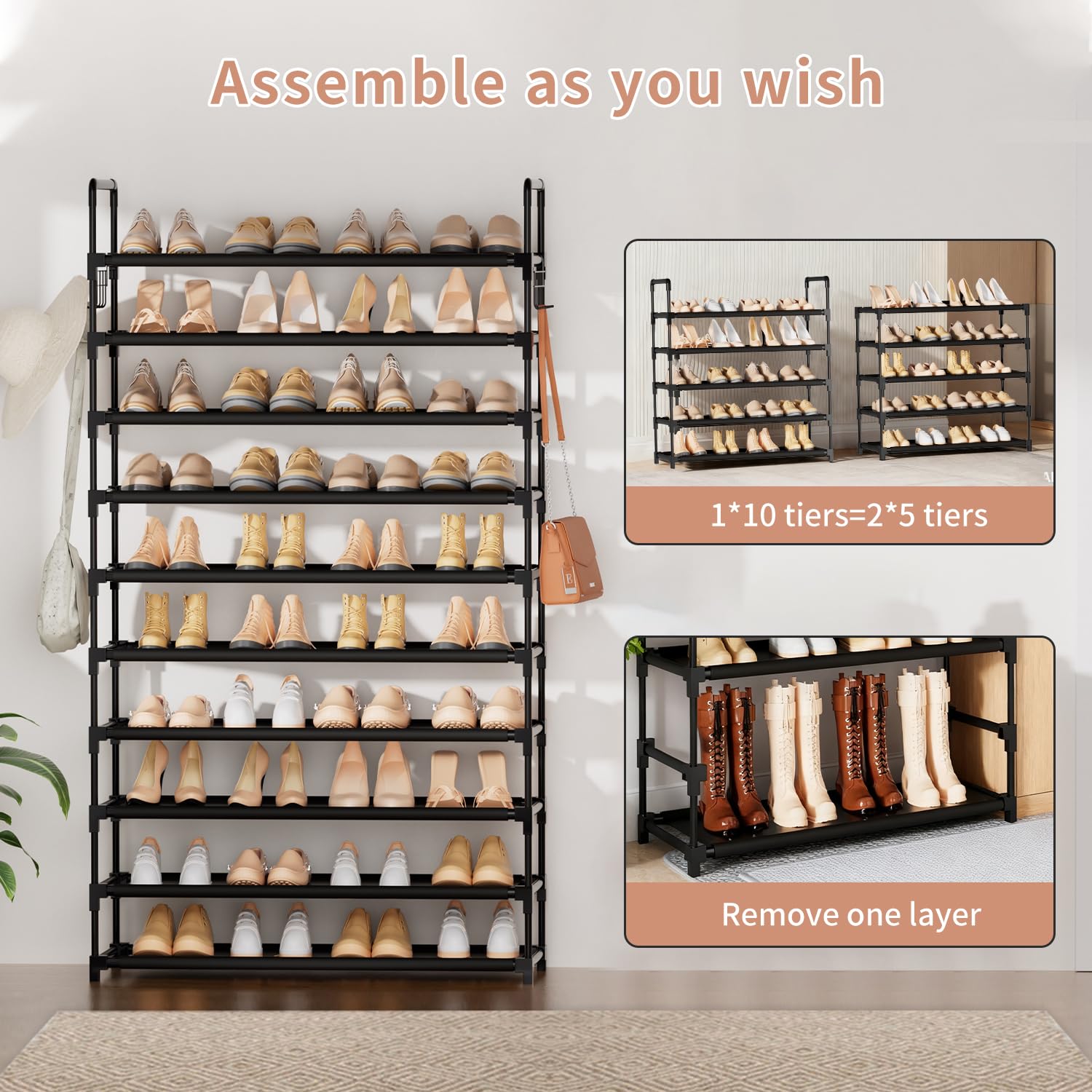 10 Tier Shoe Rack, Large Capacity Tall Shoe Storage Organizer Holds 50-55 Pairs Shoes and Boots, Vertical Shoe Shelf Cabinet with Versatile Hooks for Closet Entryway Garage Bedroom - Available at All In One Marketplace Canada