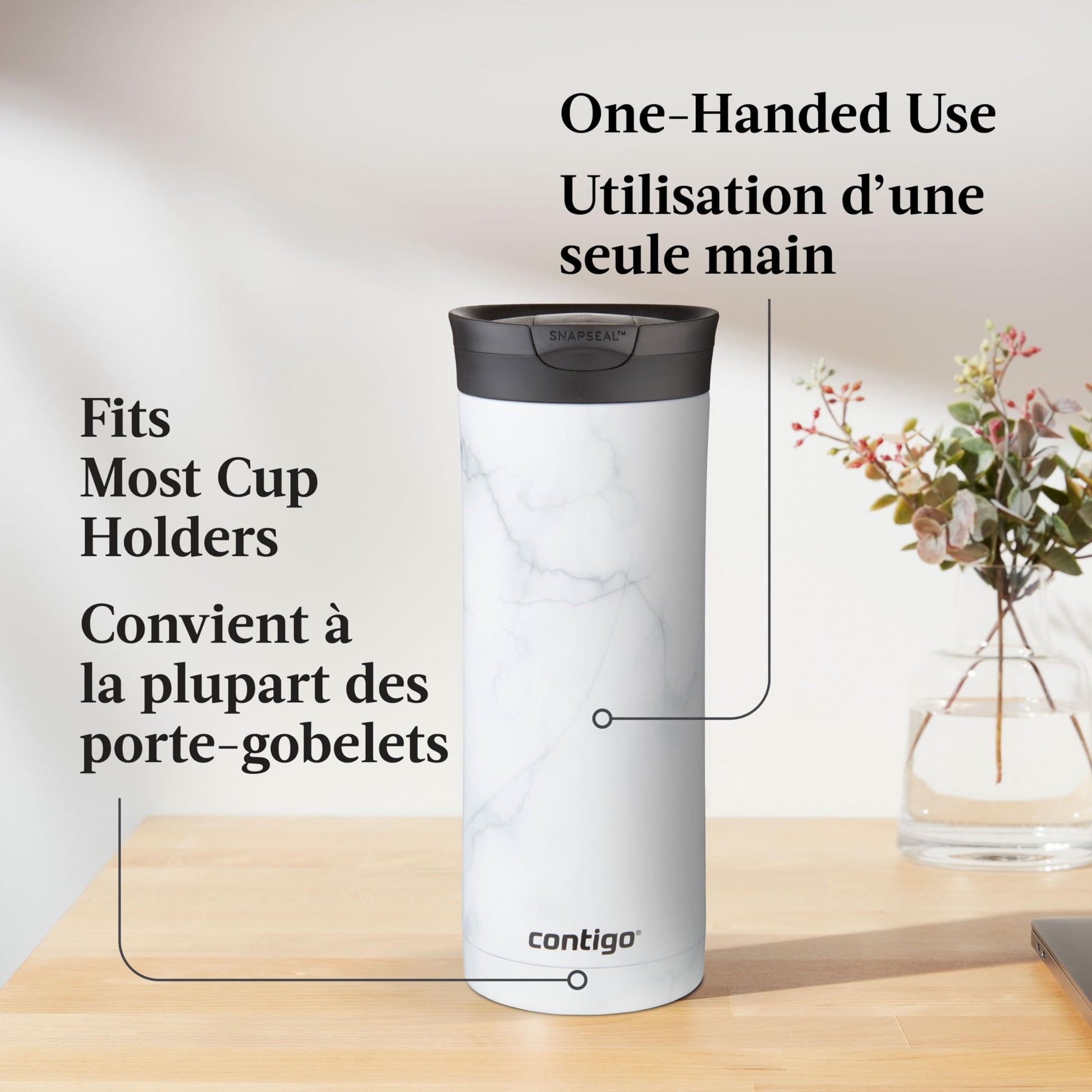 Contigo Huron 2.0 Couture Stainless Steel Travel Tumbler, Vacuum-Insulated Metal Tumbler for Coffee and Tea with Leak-Proof Lid, White Marble, 20 oz (591 mL) Contigo