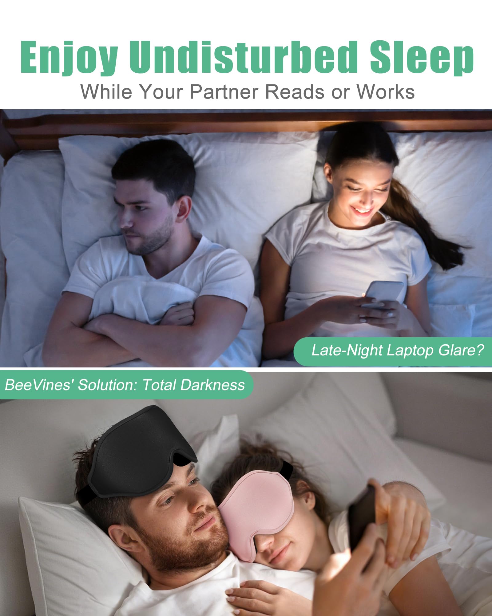 100% Blackout Sleep Mask for Women Men, 2 Packs 3D Contoured Eye Mask for Sleeping with Adjustable Strap, BeeVines Eye Mask for Eyelash Extensions Sleep Mask Blindfold, Soft Breathable Eye Shade Cover for Travel Yoga (Black & Pink) - Available at All In One Marketplace Canada