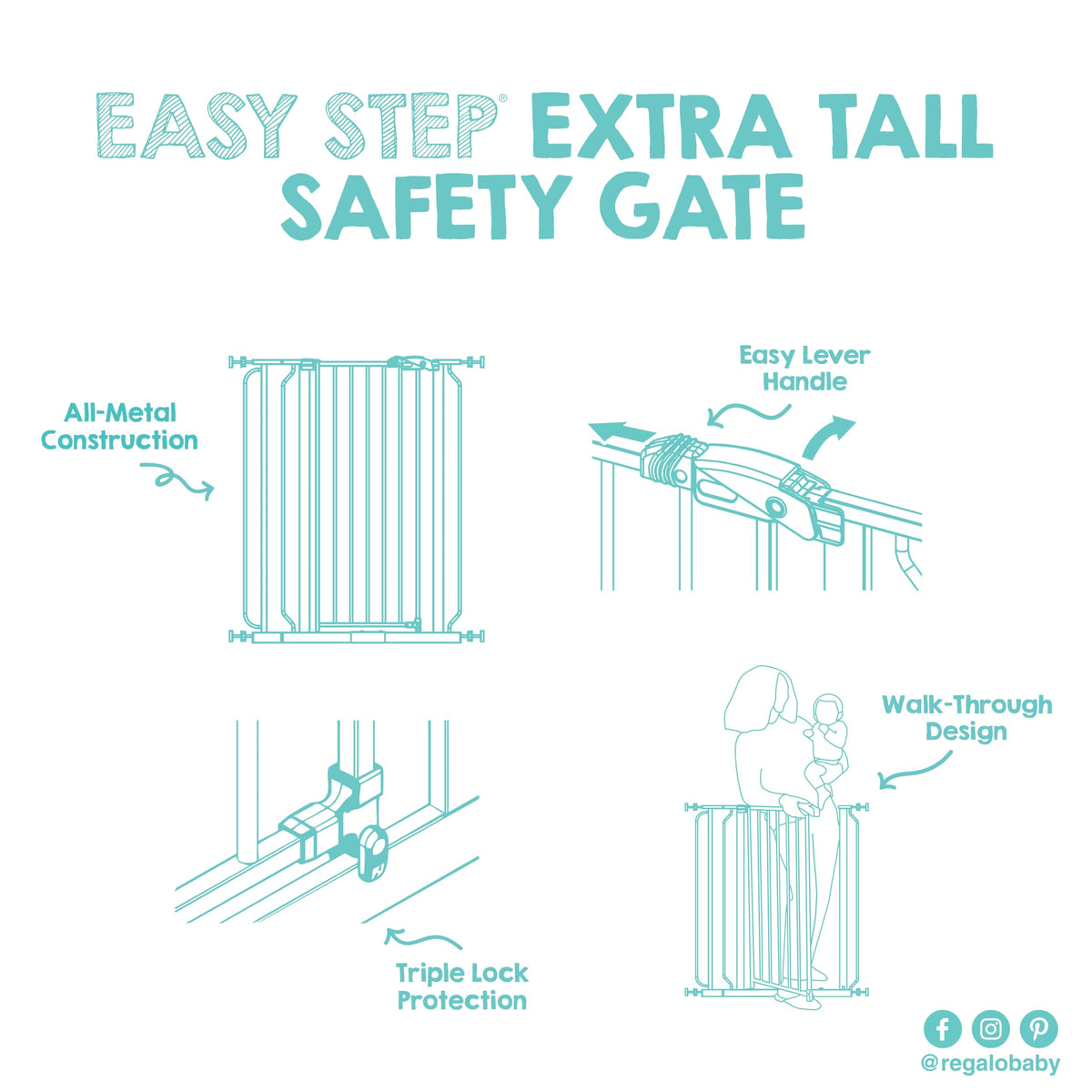 Regalo Easy Step Extra Tall Walk Thru Baby Gate, Bonus Kit, Includes 4-Inch Extension Kit, 4 Pack of Pressure Mount Kit and 4 Pack of Wall Mount Kit, Platinum