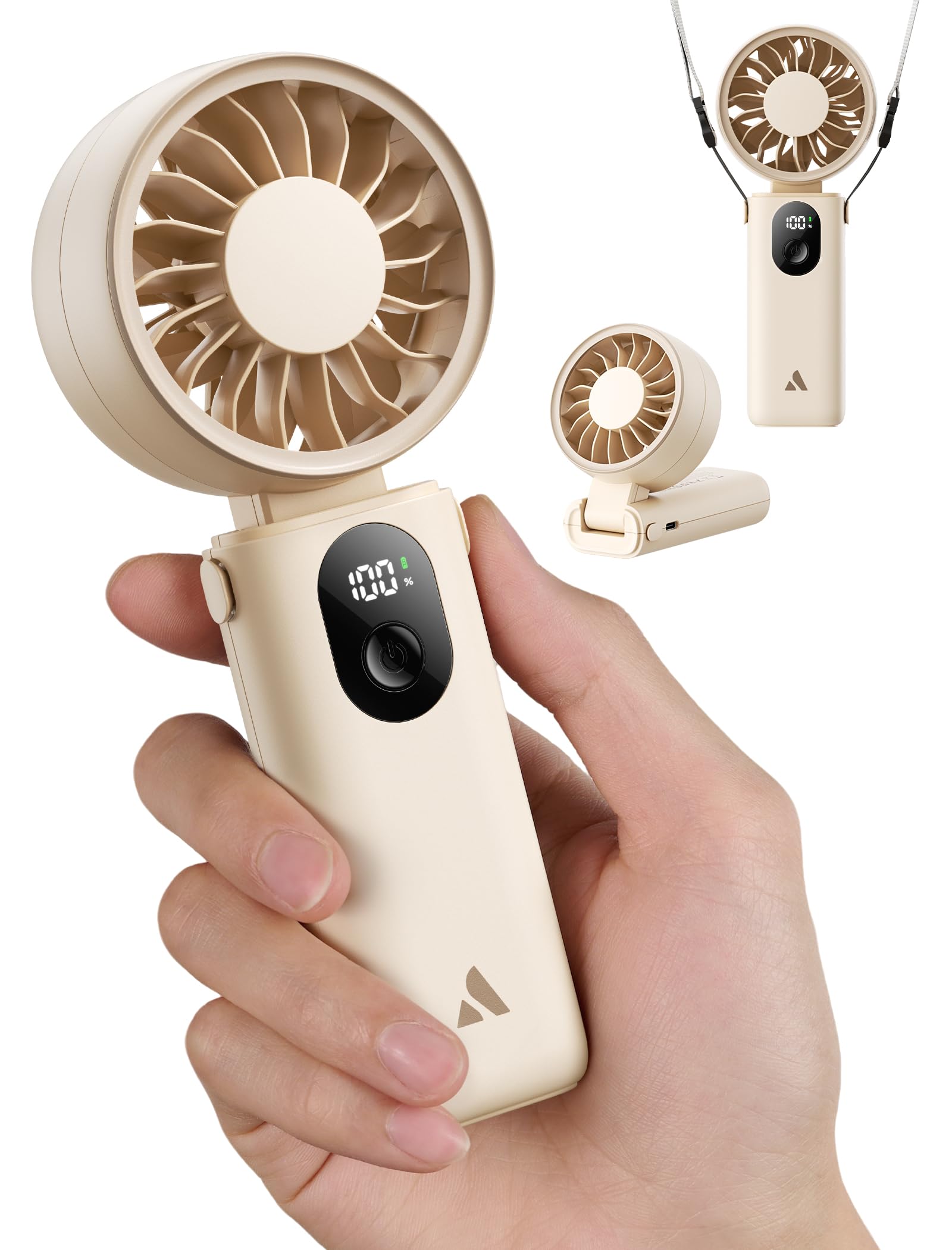 Aecooly Mighty Portable Hand Fan, 3 IN 1 USB Rechargeable Handheld Fan, [20H Max Cooling Time], 5-Speed Wind, LED Display, Mini Foldable Personal for Travle, Summer, Gifts for Women-Beige - Available at All In One Marketplace Canada