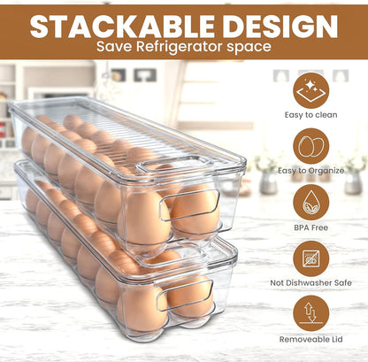 KICHLY Pack of 2 - Egg Basket for fridge - Egg Holder for Fridge - 14 Egg Container With Lid & Handle, Egg Container For Refrigerator, Stackable Plastic Egg Tray with Lids (Clear) - Available at All In One Marketplace Canada