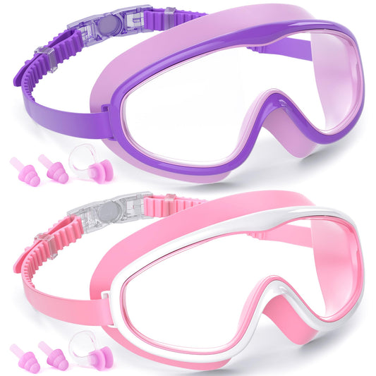 COOLOO Kids Swim Goggles for Age 3-15, 2 Pack Kids Goggles for Swimming with Nose Cover, No Leaking, Anti-Fog, Waterproof
