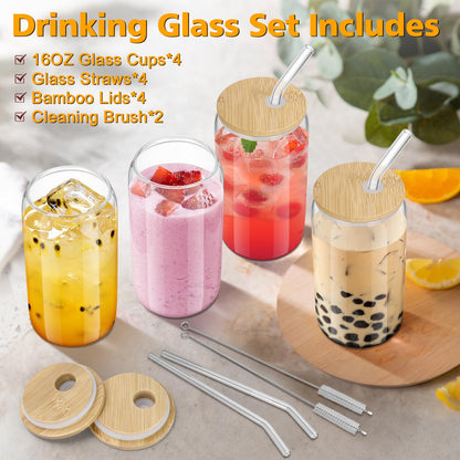 sungwoo Glass Cups with Bamboo Lids and Straws, 16OZ Ice Coffee Cup, Drinking Cup Set with Wooden Lids, Home Essential Glass Tumblers for Beer, Cocktail, Tea and Latte Clear (4) - Available at All In One Marketplace Canada