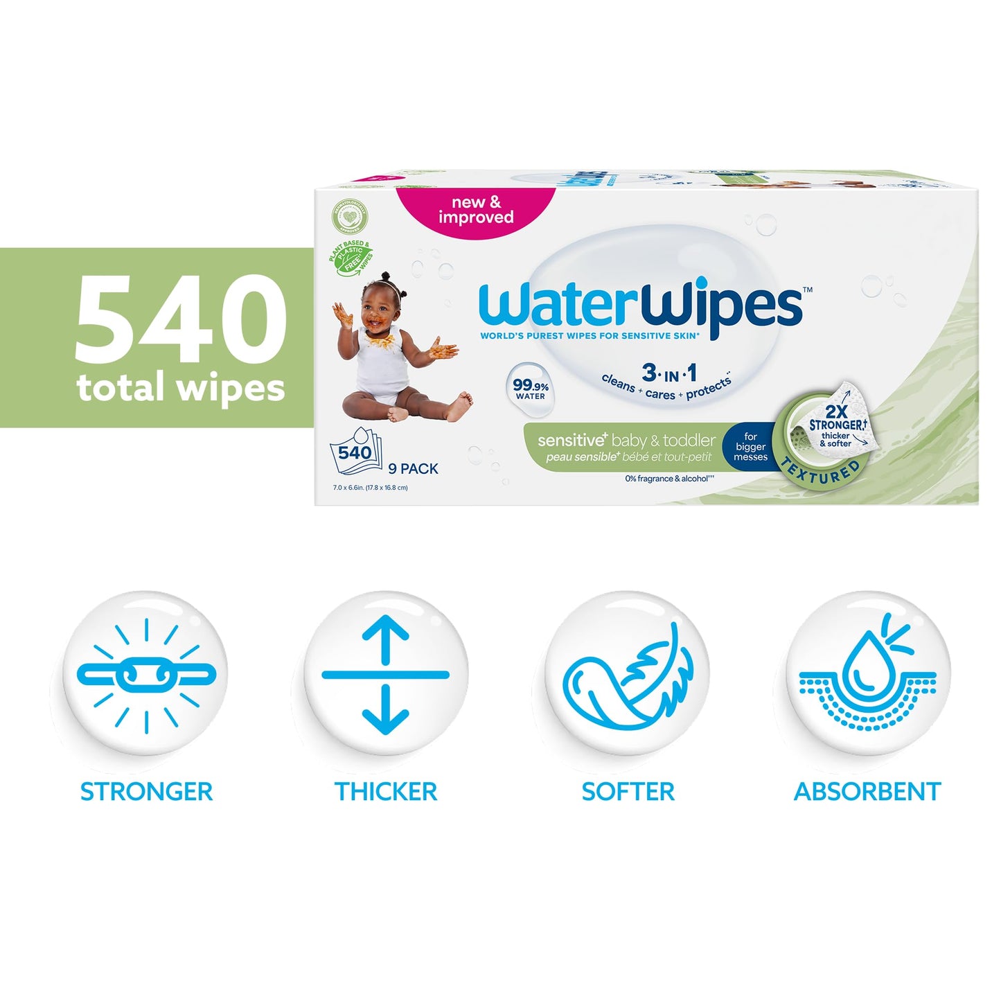 WaterWipes Sensitive+ Baby & Toddler Wipes, 3-in-1, Cares, Protects, 99.9% Water, Textured Clean, Unscented & Hypoallergenic, 540 Count (Pack of 9) 🍁 All In One Marketplace Canada