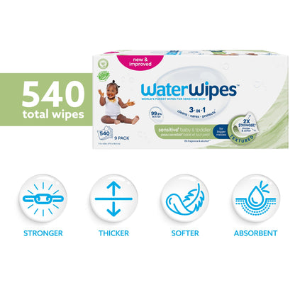 WaterWipes Sensitive+ Baby & Toddler Wipes, 3-in-1, Cares, Protects, 99.9% Water, Textured Clean, Unscented & Hypoallergenic, 540 Count (Pack of 9) 🍁 All In One Marketplace Canada
