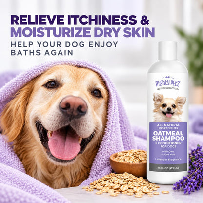 Mighty Petz 2-in-1 Oatmeal Dog Shampoo & Conditioner – Made with 7 Natural Ingredients Including Oatmeal & Aloe Vera – Large Bottle 16 oz