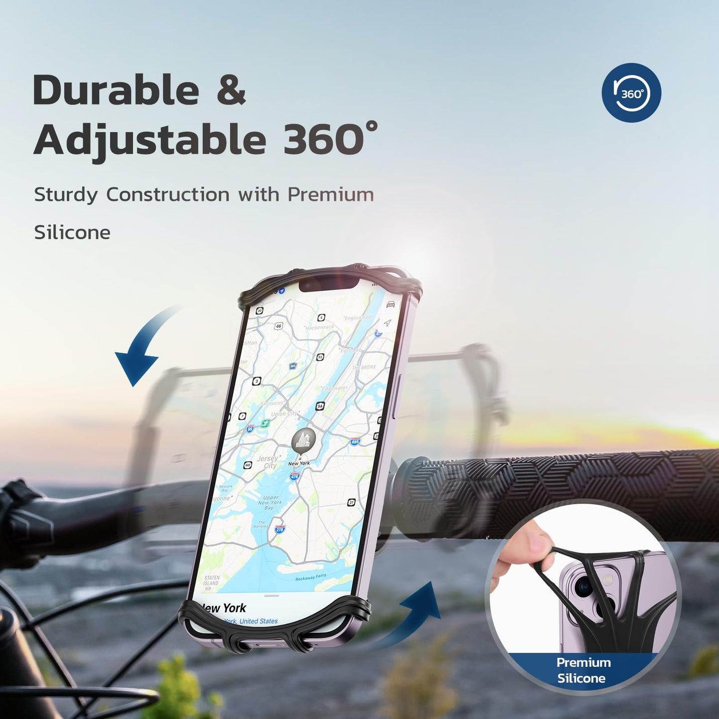 VUP Bike Phone Mount, Universal Bike Cell Phone Holder, 360° Rotatable, Silicone Bicycle Phone Mount Compatible with iPhone 17/16/15/14/13/Pro Max/Pro/mini, 4.0''~6.7'' Cellphones