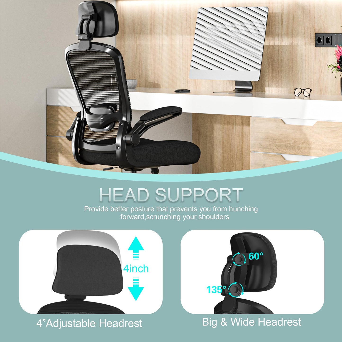 Mimoglad Office Chair, Comfy Desk Chair - High Back Ergonomic Computer Chair with Adjustable Lumbar Support & Headrest, Flip-up Armrests for Guitar Playing (Black(Black Frame))